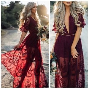Red Wine Floral Boho Lace Maxi Romper Dress